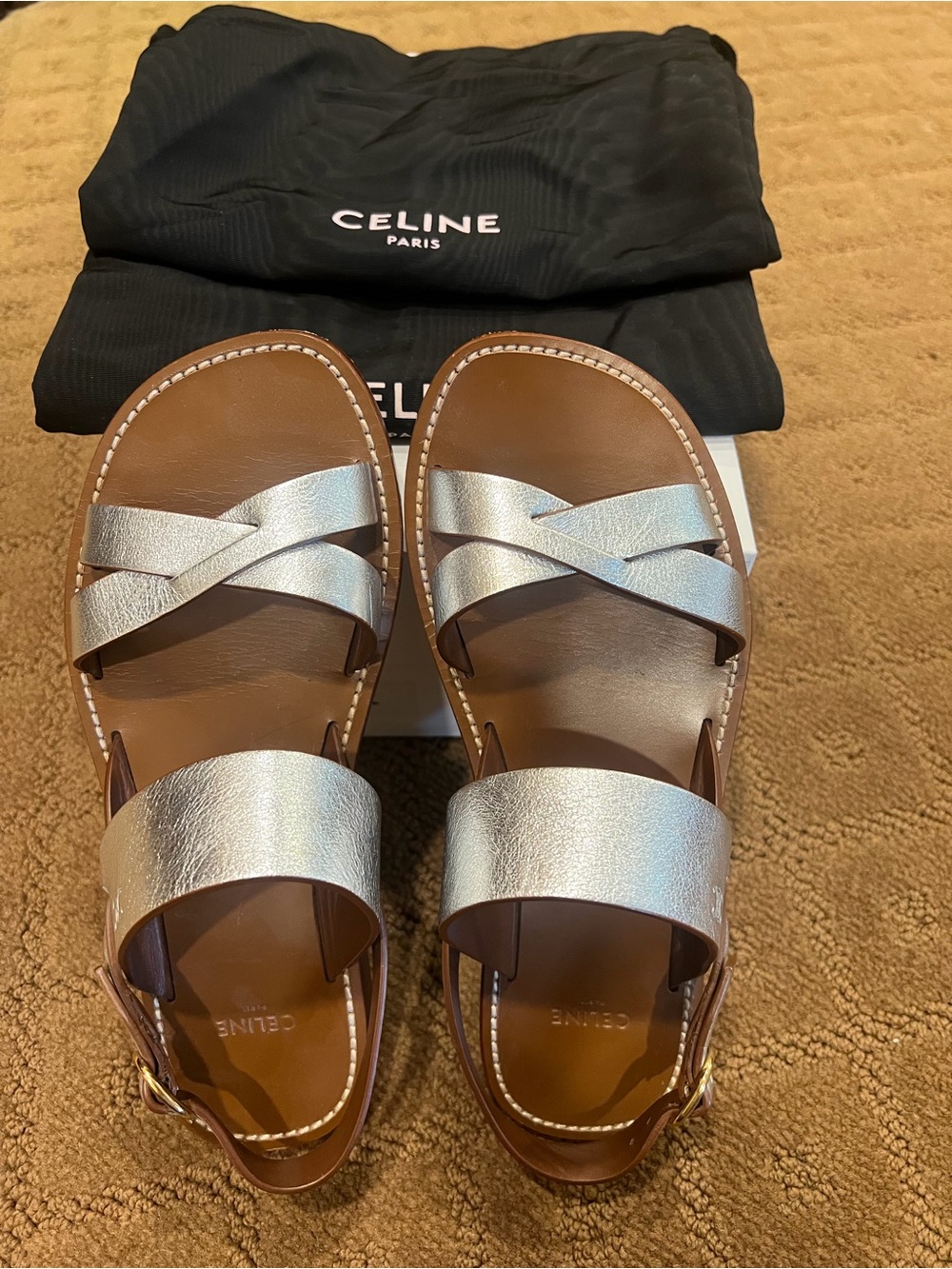 Celine Metallic Silver and Brown Leather Slide Sandals